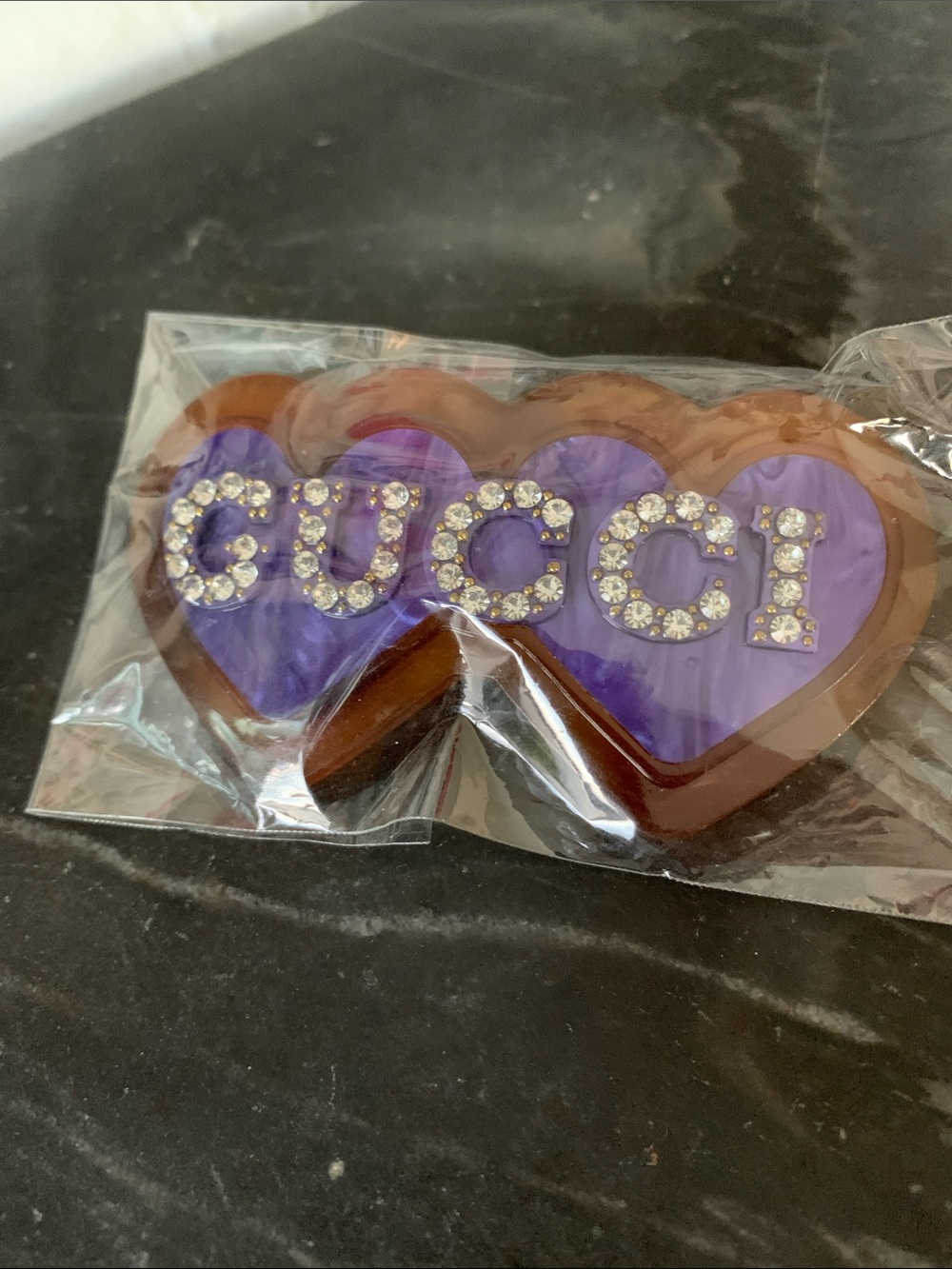 NEW! Gucci Beauty Purple and Brown Heart Logo Hair Clip with Crystal Accents